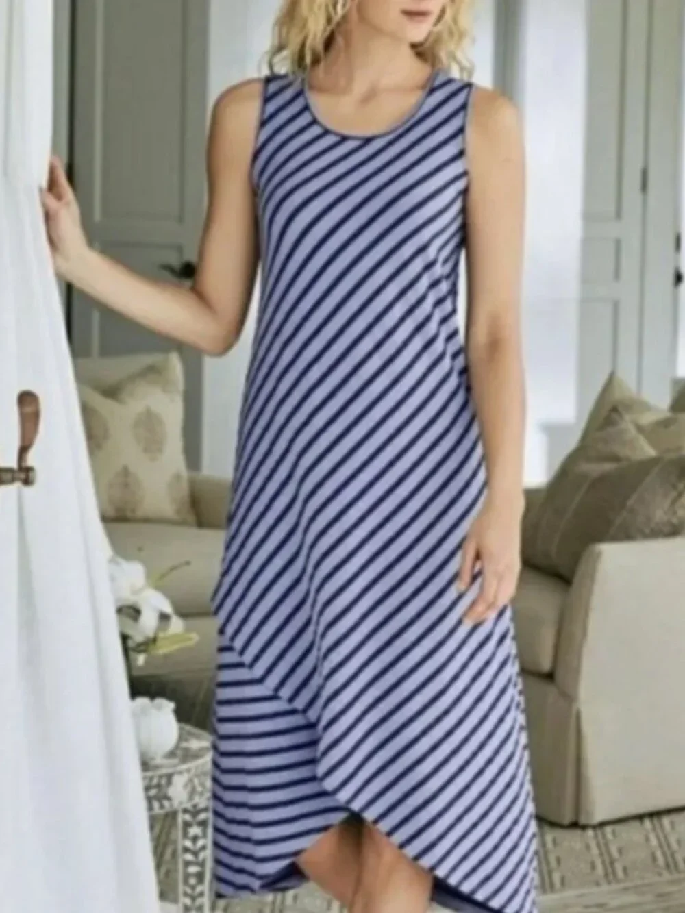 Soft Surroundings Sarina Striped Tank Dress Large Pima Cotton High Low Tulip Hem - Picture 1 of 10